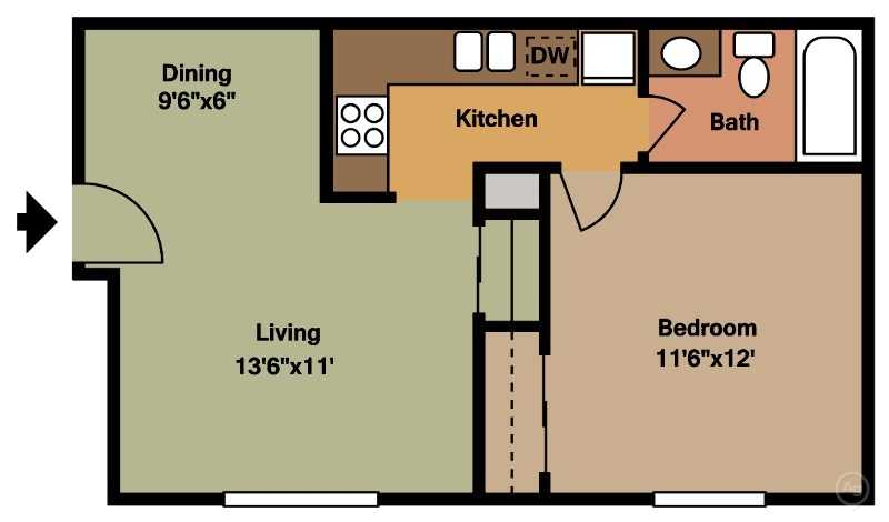Floor plan for 1 bed, 1 bath, 500 sqft